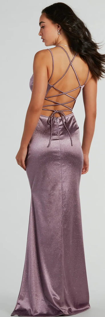 Melanie Sleeveless Lace-Up Glitter Satin Formal Dress