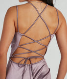 Melanie Sleeveless Lace-Up Glitter Satin Formal Dress