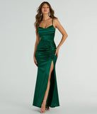 Turn heads at Prom 2025 in this hunter green prom dress, where statement-making details meet the iconic style of the Jazmine Cowl Neck Slit A-Line Satin Formal Dress .