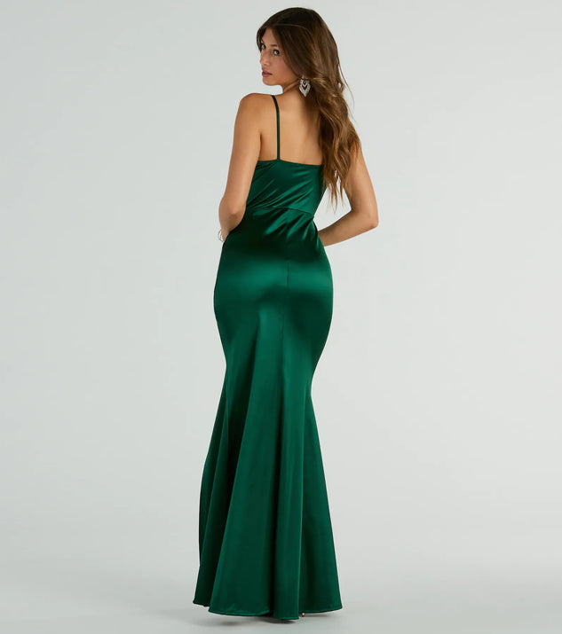 sachin and babi light blue dress Burgundy A-line Backless Cowl Neck Silk Satin Prom Dresses with Slit main image 1