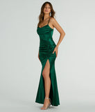 You'll be the best dressed in the Jazmine Cowl Neck Slit A-Line Satin Formal Dress as your summer formal dress with unique details from Windsor.