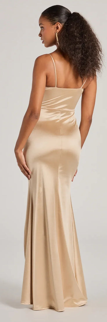 Feel instantly put-together in the Jazmine Cowl Neck Slit A-Line Satin Formal Dress in taupe, a stylish wedding guest dress designed for confident style and all-out celebration.