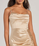 Make a bold statement in the Jazmine Cowl Neck Slit A-Line Satin Formal Dress in taupe, the perfect spring dress for weddings, cocktail hours, nights out, and/or seasonal celebrations.
