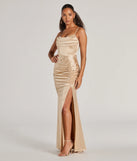 Revamp your 2025 wardrobe with this chic addition, the Jazmine Cowl Neck Slit A-Line Satin Formal Dress in taupe, perfect for elevating your style in the new year.