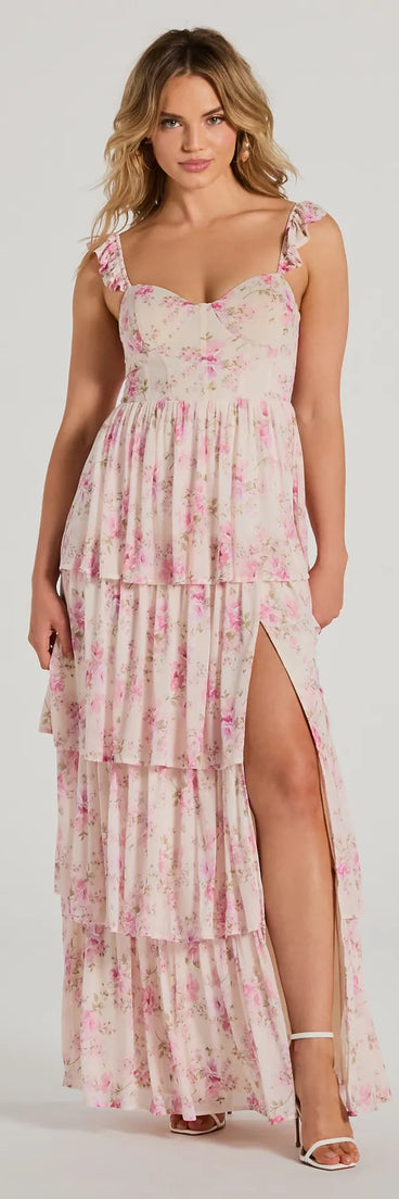 The Gwen Sweetheart Ruffle Floral A-Line Formal Dress as your wedding guest dress with a stylish neckline and/or sleeves and elevated details on the back and front will make you the best dressed at any event!