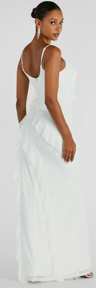 You'll look stunning in the Aimee V-Neck Ruffle Slim Lace Formal Dress, a white formal dress designed to create an effortless yet standout look as women's formal holiday attire, work party outfit, or NYE dress.