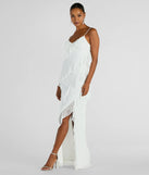 You'll look stunning in the Aimee V-Neck Ruffle Slim Lace Formal Dress, a white formal dress designed to create an effortless yet standout look as women's formal holiday attire, work party outfit, or NYE dress.