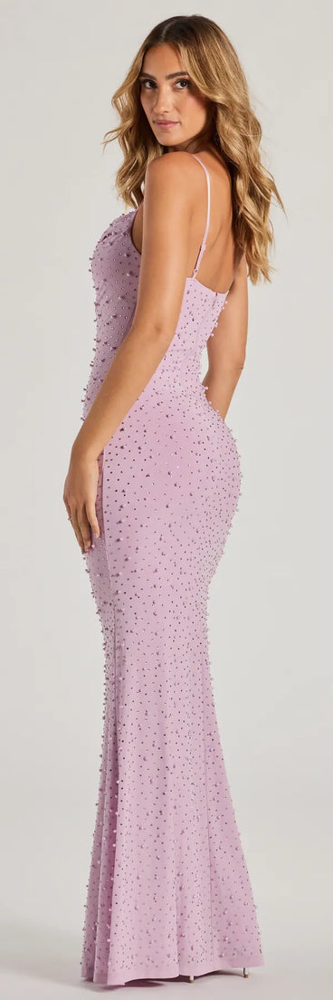 Mayva Mermaid Rhinestone Faux Pearl Formal Dress