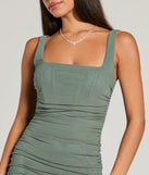 Make a bold statement in the Layne Square Neck Slim Mesh Formal Dress in sage green, the perfect green dress for weddings, cocktail hours, nights out, and/or seasonal celebrations.