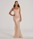 Turn heads in the beaming Rachael Lace Up Mermaid Sequin Formal Dress, a stunning nude sequin dress designed to add sparkle and elegance to your next night out or special occasion.
