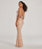 Stand out in a crowd with the Rachael Lace Up Mermaid Sequin Formal Dress, a glamorous nude sequin dress that sparkles effortlessly as an NYE party gown, wedding guest dress, or must-have evening wear for formal events like military balls and winter formals.