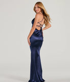 The elegant Emmie Lace-Up Mermaid Satin Formal Dress is a navy blue satin bridesmaid dress crafted with luxe fabric, ideal for modern weddings and traditional bridal parties.