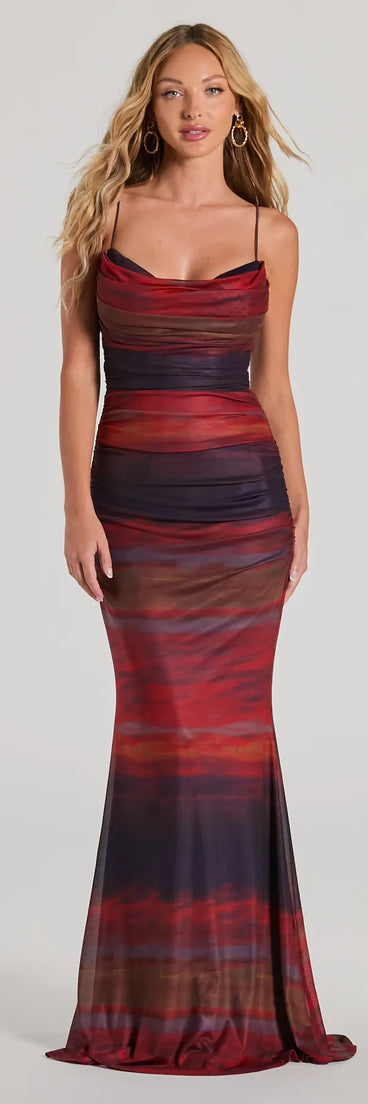 You'll be the best dressed in the Liv Cowl Neck Abstract Mermaid Formal Dress as your winter formal dress with beautiful and unique details from Windsor.