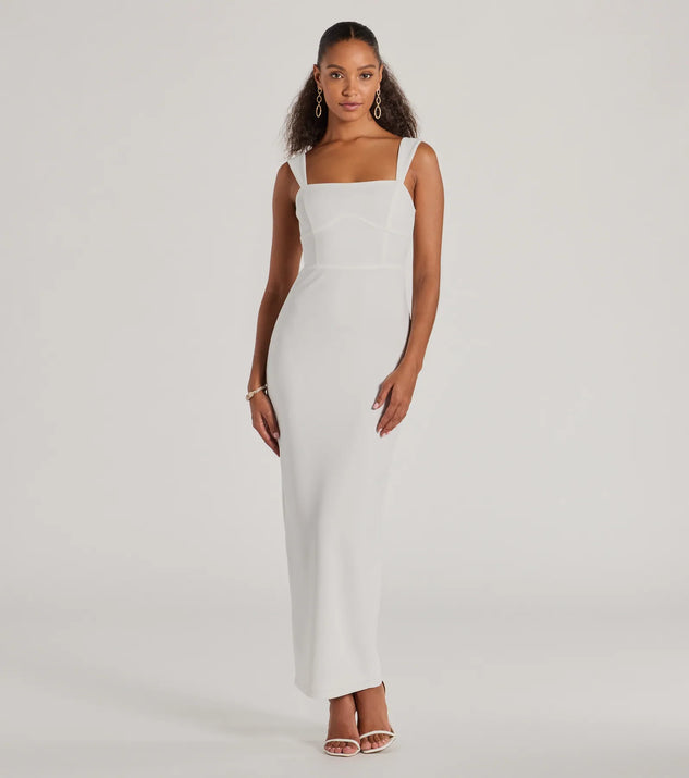 Turn heads at Prom 2025 in this white prom dress, where statement-making details meet the iconic style of the Monae Sleeveless Slim Long Crepe Formal Dress .