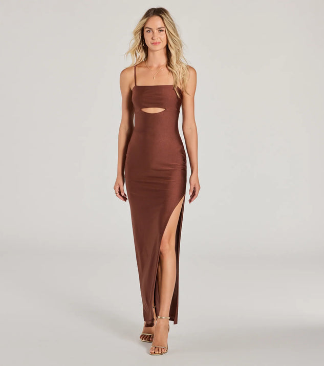 Turn heads at Prom 2025 in this brown prom dress, where statement-making details meet the iconic style of the Arianna Sleeveless Cutout Long Slim Formal Dress .