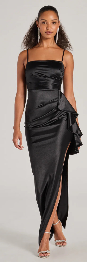 Turn heads at Prom 2025 in this black prom dress, where statement-making details meet the iconic style of the Melissa Sleeveless Ruffle Slim Satin Formal Dress .