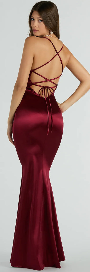 Emmie Lace-Up Mermaid Satin Formal Dress in burgundy, a stylish red dress with a flattering fit and fabric that adds allure to your look, perfect for wedding guest attire, cocktail events, or making a bold statement on a date night.