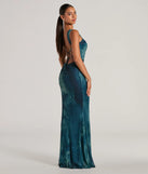 The Estelle Lace-Up Abstract Mermaid Formal Dress in teal is a stunning green prom dress designed to capture attention with its fresh or bold color and effortlessly stylish silhouette.