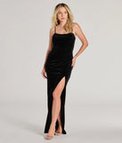 Turn heads at Prom 2025 in this black prom dress, where statement-making details meet the iconic style of the Viviane Beaded Applique Slim Velvet Formal Dress .