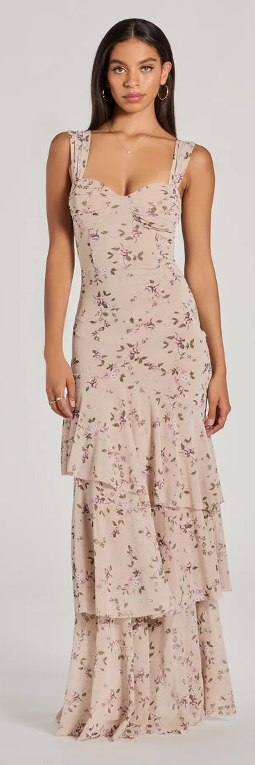 Soak up the season in the Melonie Corset Ruffled Mermaid Floral Formal Dress, a taupe sundress styled for easy days, outdoor plans, and everything in between.