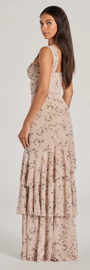 Soak up the season in the Melonie Corset Ruffled Mermaid Floral Formal Dress, a taupe sundress styled for easy days, outdoor plans, and everything in between.