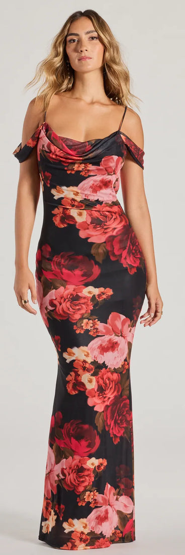 You'll be the best dressed in the Francie Cold Shoulder Slim Floral Formal Dress as your winter formal dress with beautiful and unique details from Windsor.