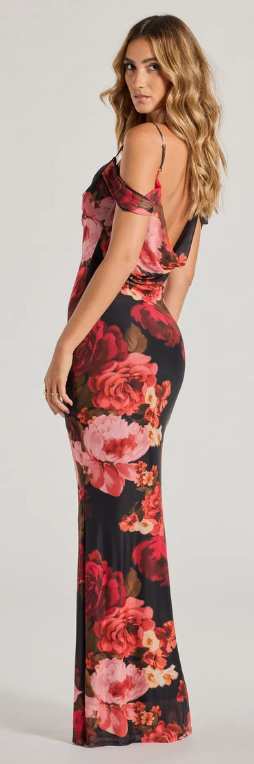You'll be the best dressed in the Francie Cold Shoulder Slim Floral Formal Dress as your winter formal dress with beautiful and unique details from Windsor.