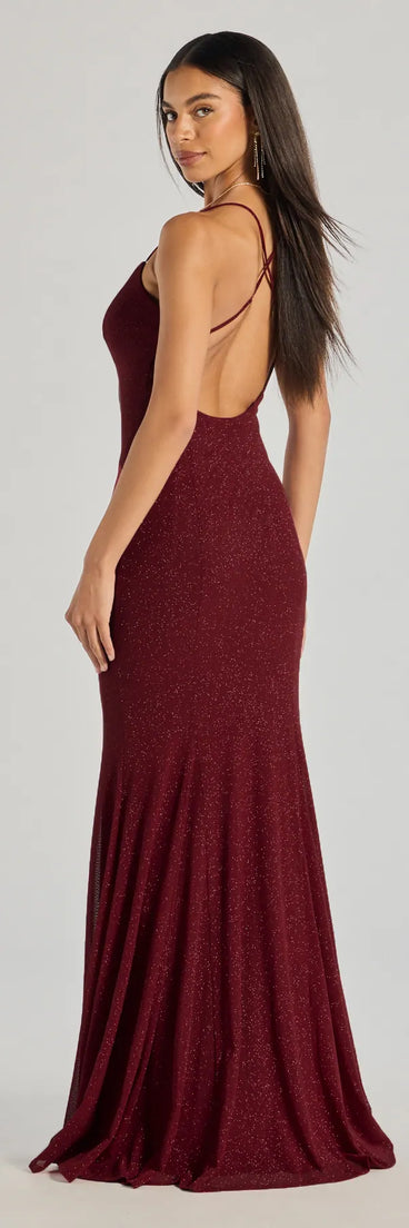 Make a statement in the Sam Strappy Open Back Glitter Mermaid Dress in burgundy, a bold red prom dress designed to exude confidence, elegance, and a striking prom-night look.