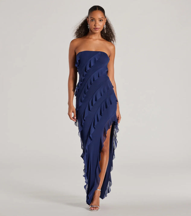 Windsor Gabby Formal Mesh Strapless Ruffle Long Dress in Yellow