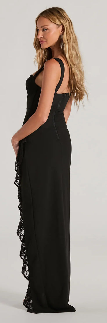 The Megan Sweetheart Lace Ruffle Crepe Slim Formal Dress as your wedding guest dress with a stylish neckline and/or sleeves and elevated details on the back and front will make you the best dressed at any event!