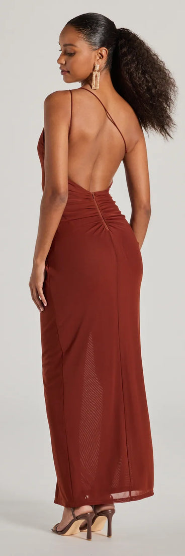Revamp your 2025 wardrobe with this chic addition, the Carrie One Shoulder Open Back Mesh Formal Dress in brown, perfect for elevating your style in the new year.