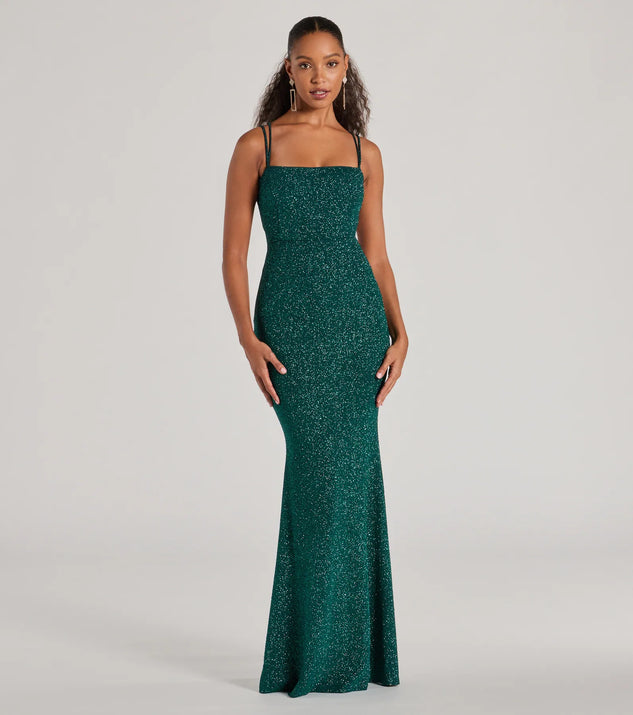 Feel instantly put-together in the Jade Lace-Up Mermaid Glitter Formal Dress in hunter green, a stylish wedding guest dress designed for confident style and all-out celebration.