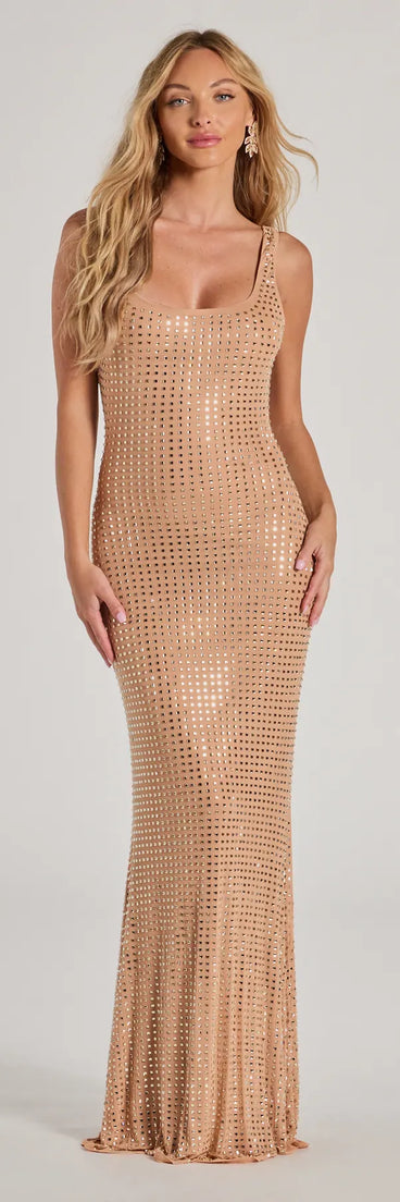 The Aurelia Low Back Rhinestone Bodycon Formal Dress in luxe nude fabric, a stunning prom dress with statement details designed to make a bold impression at Prom 2025.