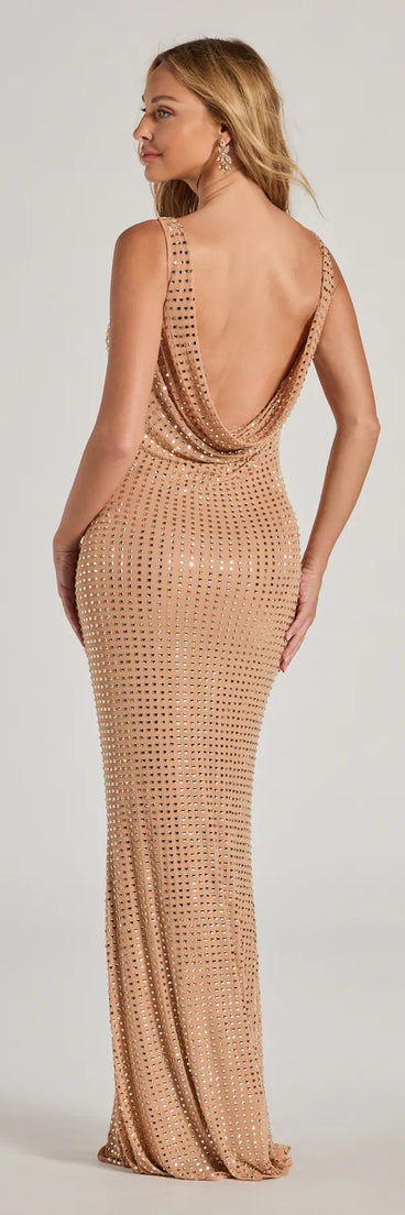 The Aurelia Low Back Rhinestone Bodycon Formal Dress in luxe nude fabric, a stunning prom dress with statement details designed to make a bold impression at Prom 2025.