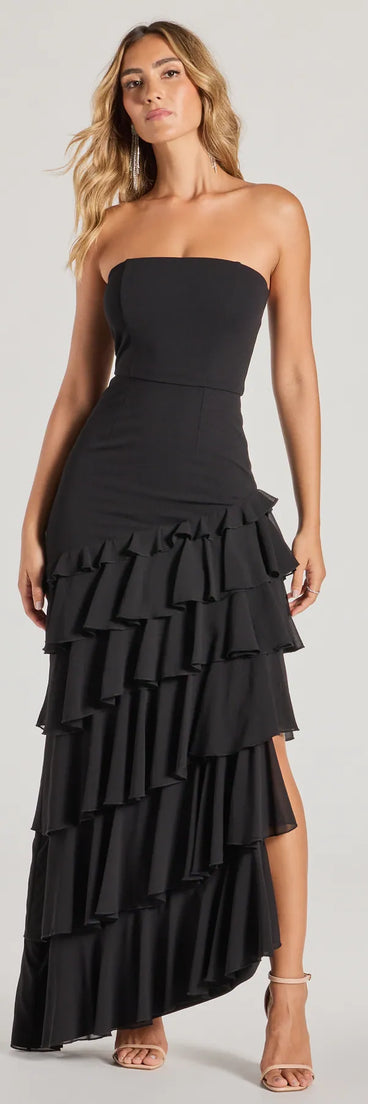 Turn heads at Prom 2025 in this black prom dress, where statement-making details meet the iconic style of the Shianne Strapless Chiffon Ruffled A-Line Formal Dress .