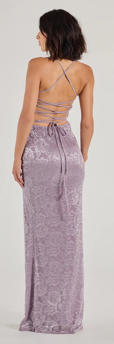 Kehlani Formal Floral Lace Slit Mermaid Dress in lavender, a stunning maid-of-honor dress with a flattering fit and romantic details, perfect for autumn wedding themes.