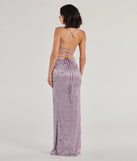 Kehlani Formal Floral Lace Slit Mermaid Dress in lavender, a stunning maid-of-honor dress with a flattering fit and romantic details, perfect for spring or summer wedding themes.
