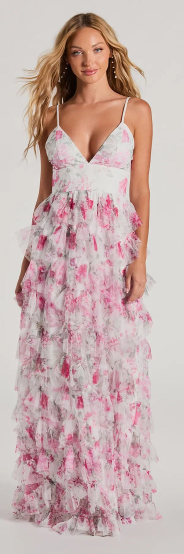 Turn heads at Prom 2025 in this white prom dress, where statement-making details meet the iconic style of the Maisie V-Neck Ruffle Floral A-Line Formal Dress .