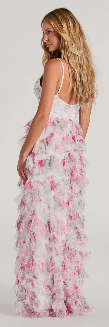 The Maisie V-Neck Ruffle Floral A-Line Formal Dress is a stylish white floral dress featuring a fresh seasonal print and flattering design, perfect for garden parties, bridal showers, Valentine's Day celebrations, or everyday spring styling.