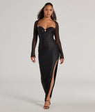 Turn heads at Prom 2025 in this black prom dress, where statement-making details meet the iconic style of the Wren Long Sleeve Beaded High Slit Long Dress .
