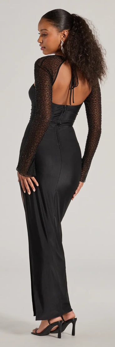 Celebrate in style with the Wren Long Sleeve Beaded High Slit Long Dress, a black formal wedding guest dress featuring an elegant silhouette and luxe details, perfect for a black-tie celebration.