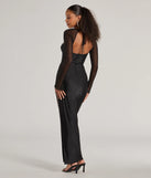 Celebrate in style with the Wren Long Sleeve Beaded High Slit Long Dress, a black formal wedding guest dress featuring an elegant silhouette and luxe details, perfect for a black-tie celebration.