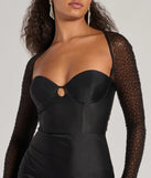 Make a bold statement in the Wren Beaded Long Sleeve High Slit Column Dress in black, the perfect spring dress for weddings, cocktail hours, nights out, and/or seasonal celebrations.