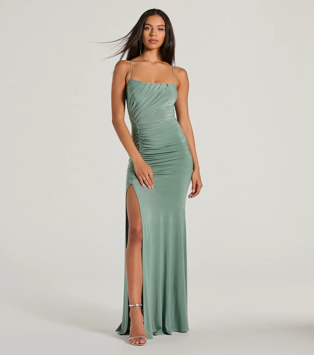You'll be the best dressed in the Candace Lace-Up Slit Mermaid Formal Dress as your fall formal dress with beautiful and unique details from Windsor.