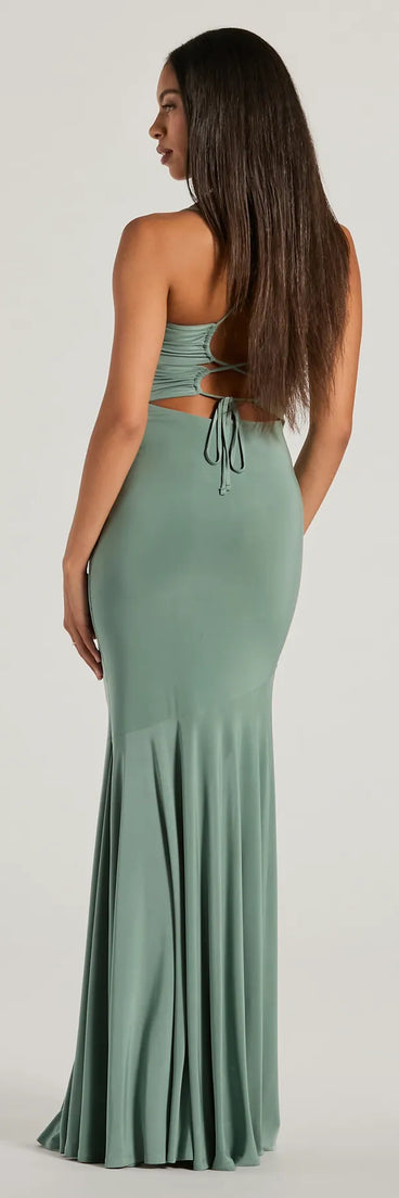 You'll be the best dressed in the Candace Lace-Up Slit Mermaid Formal Dress as your fall formal dress with beautiful and unique details from Windsor.
