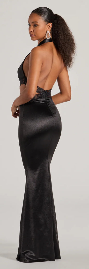 Celebrate in style with the Scarlett V-Neck Lace Trim Open Back Mermaid Formal Dress, a black formal wedding guest dress featuring an elegant silhouette and luxe details, perfect for a black-tie celebration.