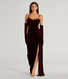 Turn heads at Prom 2025 in this wine prom dress, where statement-making details meet the iconic style of the Inez Beaded Applique Velvet Formal Dress With Gloves .