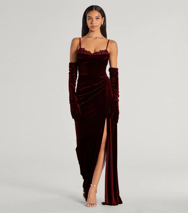 Turn heads at Prom 2025 in this wine prom dress, where statement-making details meet the iconic style of the Inez Beaded Applique Velvet Formal Dress With Gloves .