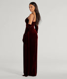 Make a statement in the Inez Beaded Applique Velvet Formal Dress With Gloves in wine, a bold red prom dress designed to exude confidence, elegance, and a striking prom-night look.