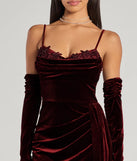 Step into Prom 2025 in a wine prom dress, where unique Windsor accents and the standout Inez Beaded Applique Velvet Formal Dress With Gloves style come together.